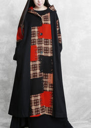 boutique oversized long jackets coat black plaid hooded patchwork woolen overcoat - bagstylebliss