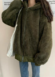 boutique oversized medium length coat winter outwear green hooded Wool jackets - bagstylebliss