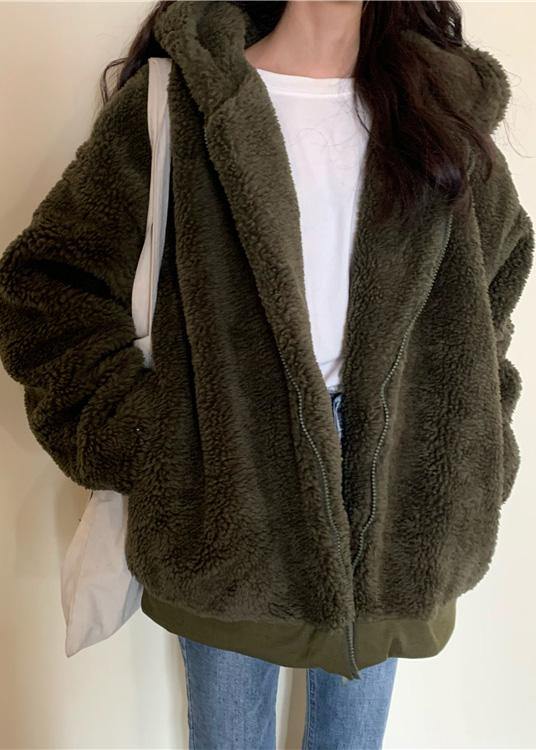 boutique oversized medium length coat winter outwear green hooded Wool jackets - bagstylebliss