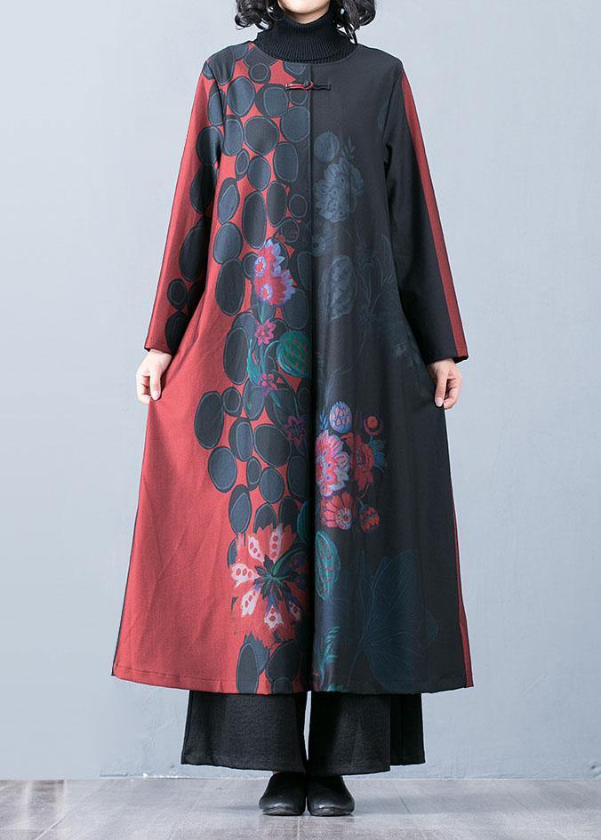 boutique oversized red maxi coat fall trench coats prints o neck Chinese Button outwear - bagstylebliss