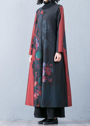 boutique oversized red maxi coat fall trench coats prints o neck Chinese Button outwear - bagstylebliss