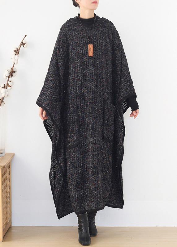 boutique plus size clothing long winter coat women black hooded large hem Woolen Coats - bagstylebliss