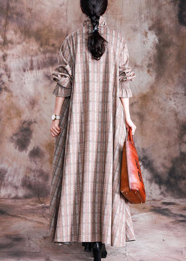 boutique plus size long coat fall woolen outwear khaki plaid Cinched wool coat for woman - bagstylebliss