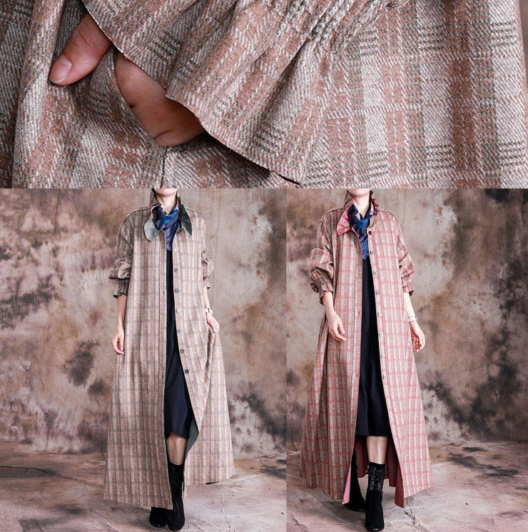 boutique plus size long coat fall woolen outwear khaki plaid Cinched wool coat for woman - bagstylebliss