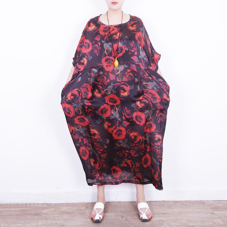 boutique red floral silk dress oversize patchwork traveling clothing New o neck chiffon gown