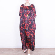 boutique red floral silk dress oversize patchwork traveling clothing New o neck chiffon gown