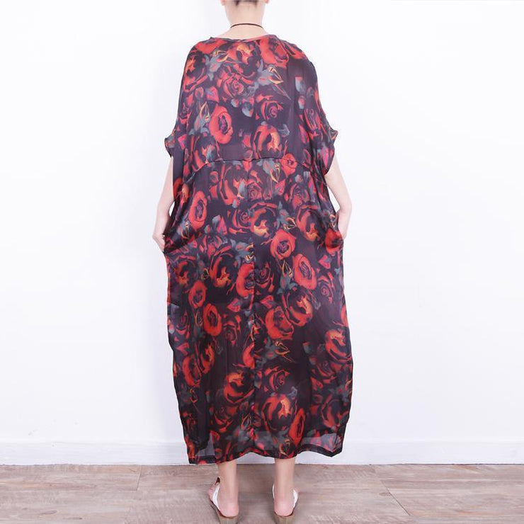 boutique red floral silk dress oversize patchwork traveling clothing New o neck chiffon gown