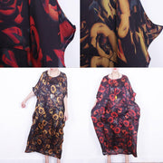 boutique red floral silk dress oversize patchwork traveling clothing New o neck chiffon gown