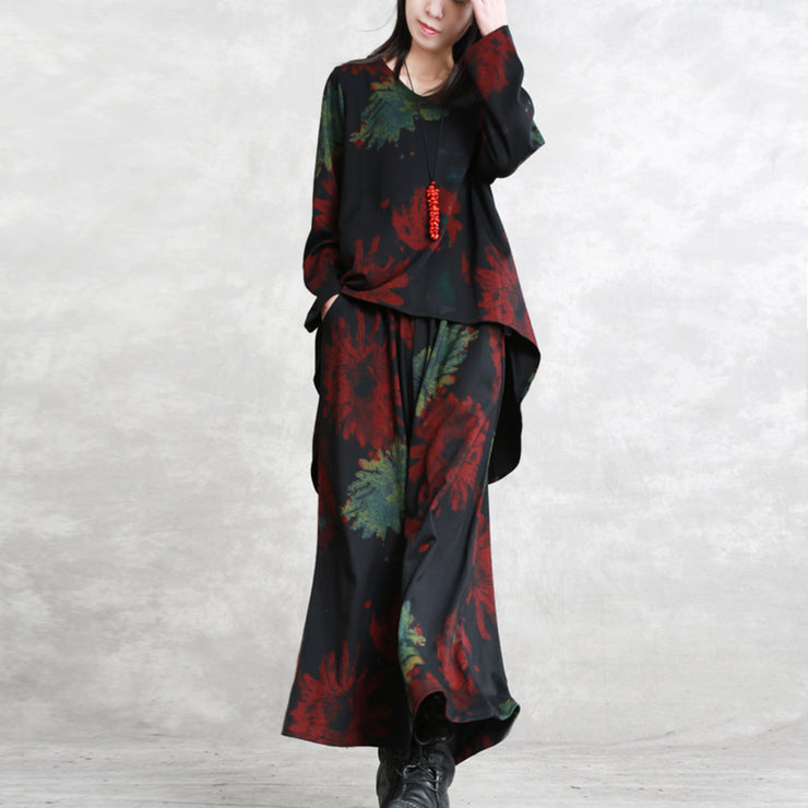 Boutique Rot Grün Print Midi-Länge Baumwollmischung Zweiteilige Oversize Kleidung Tops Damen Langarm Baggy O Neck Asymmetrische Tops und Vintage Baggy Pants