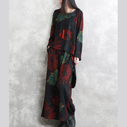 Boutique Red Green Print Midi-length Cotton Blended Two Pieces Oversize Clothing Tops Women Long Sleeve Baggy O Neck Asymmetric Tops And Vintage Baggy Pants