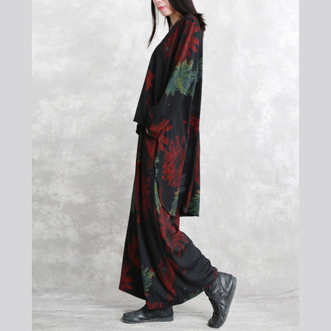 Boutique Red Green Print Midi-length Cotton Blended Two Pieces Oversize Clothing Tops Women Long Sleeve Baggy O Neck Asymmetric Tops And Vintage Baggy Pants