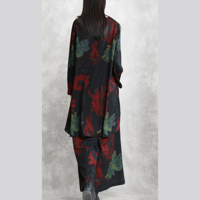 Boutique Red Green Print Midi-length Cotton Blended Two Pieces Oversize Clothing Tops Women Long Sleeve Baggy O Neck Asymmetric Tops And Vintage Baggy Pants