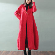 boutique red maxi coat trendy plus size V neck baggy Coats fine Jacquard wool coat