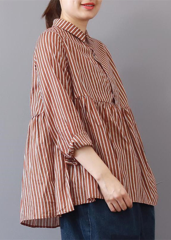 boutique red striped linen blouse plus size traveling clothing fine patchwork lapel collar linen blouses