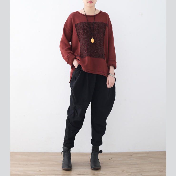 Boutique roter Winterpullover Oversize-Patchwork-Strickblusen Vintage-Top mit O-Ausschnitt