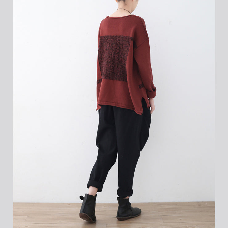 Boutique roter Winterpullover Oversize-Patchwork-Strickblusen Vintage-Top mit O-Ausschnitt