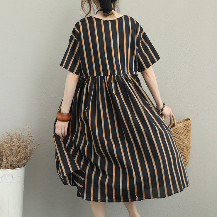 boutique striped silk linen dress plus size linen cotton dress vintage o neck short sleeve clothing