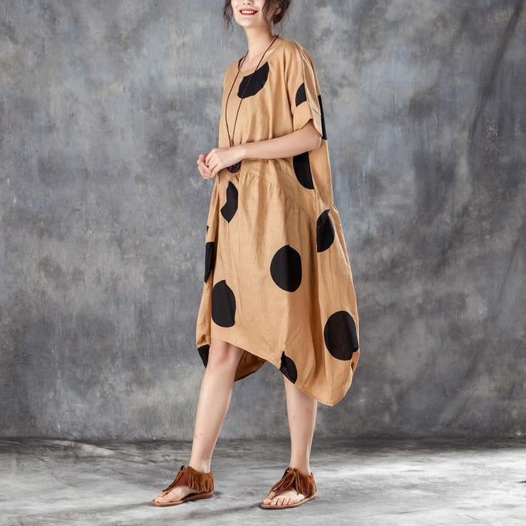 Boutique-Sommerkleid, trendy, plus Größe, lockeres Leinen-Polka-Dot-Damenkleid mit Tasche