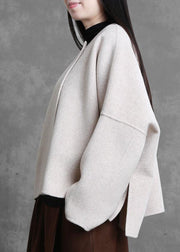 boutique trendy plus size medium length jacket beige o neck pockets wool coat - bagstylebliss