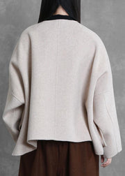 boutique trendy plus size medium length jacket beige o neck pockets wool coat - bagstylebliss