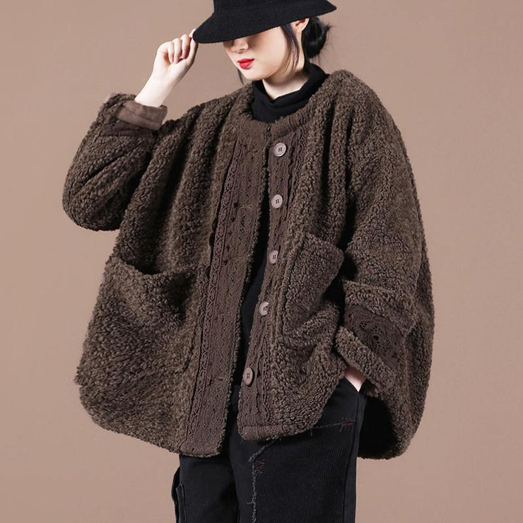 boutique trendy spring coats chocolate o neck patchwork fuzzy wool coat for woman - bagstylebliss