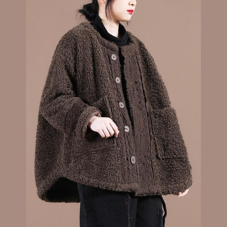 boutique trendy spring coats chocolate o neck patchwork fuzzy wool coat for woman - bagstylebliss