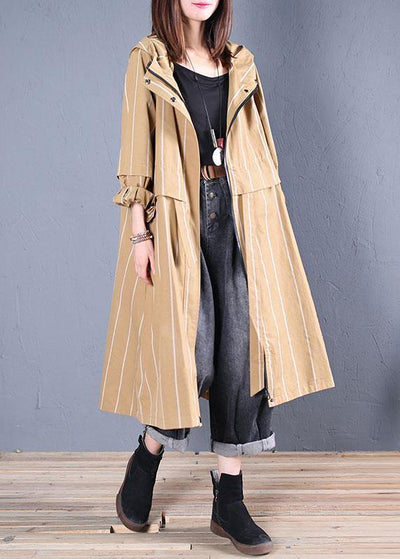 boutique women casual Coats fall khaki striped hooded zippered overcoat - bagstylebliss