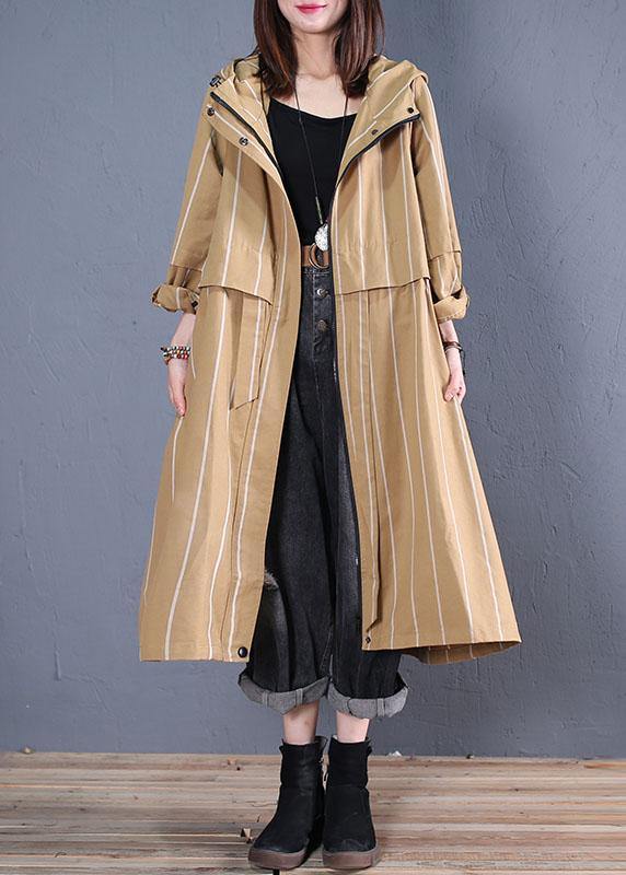 boutique women casual Coats fall khaki striped hooded zippered overcoat - bagstylebliss