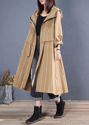 boutique women casual Coats fall khaki striped hooded zippered overcoat - bagstylebliss