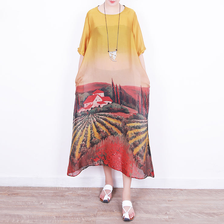 boutique yellow long silk chiffon dress oversized prints traveling clothing Fine o neck caftans