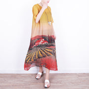 boutique yellow long silk chiffon dress oversized prints traveling clothing Fine o neck caftans