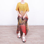 boutique yellow long silk chiffon dress oversized prints traveling clothing Fine o neck caftans