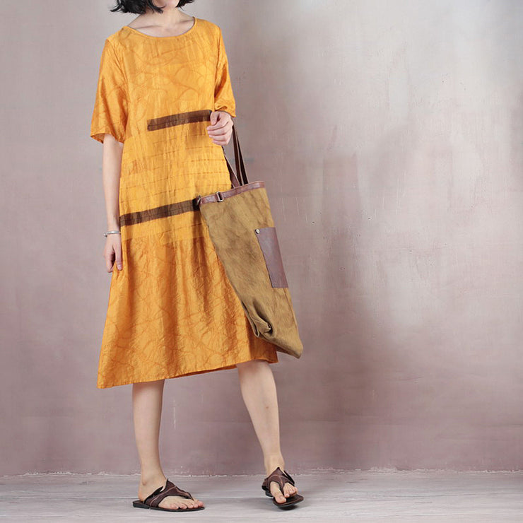 boutique yellow pure linen dresses oversized linen dress casual short sleeve Jacquard O neck linen dress