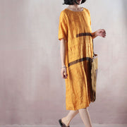 boutique yellow pure linen dresses oversized linen dress casual short sleeve Jacquard O neck linen dress