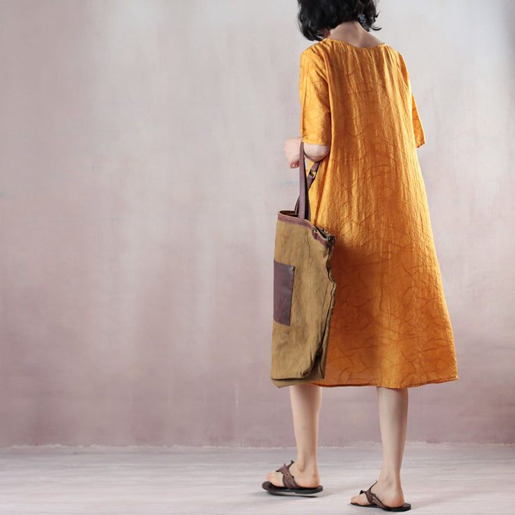 boutique yellow pure linen dresses oversized linen dress casual short sleeve Jacquard O neck linen dress