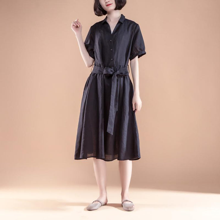 brief linen shift dress Loose fitting Short Sleeve Pleated Belt Summer Casual Black Dress