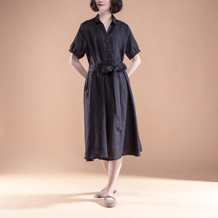 brief linen shift dress Loose fitting Short Sleeve Pleated Belt Summer Casual Black Dress