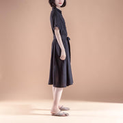 brief linen shift dress Loose fitting Short Sleeve Pleated Belt Summer Casual Black Dress