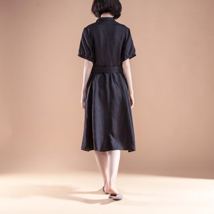 brief linen shift dress Loose fitting Short Sleeve Pleated Belt Summer Casual Black Dress