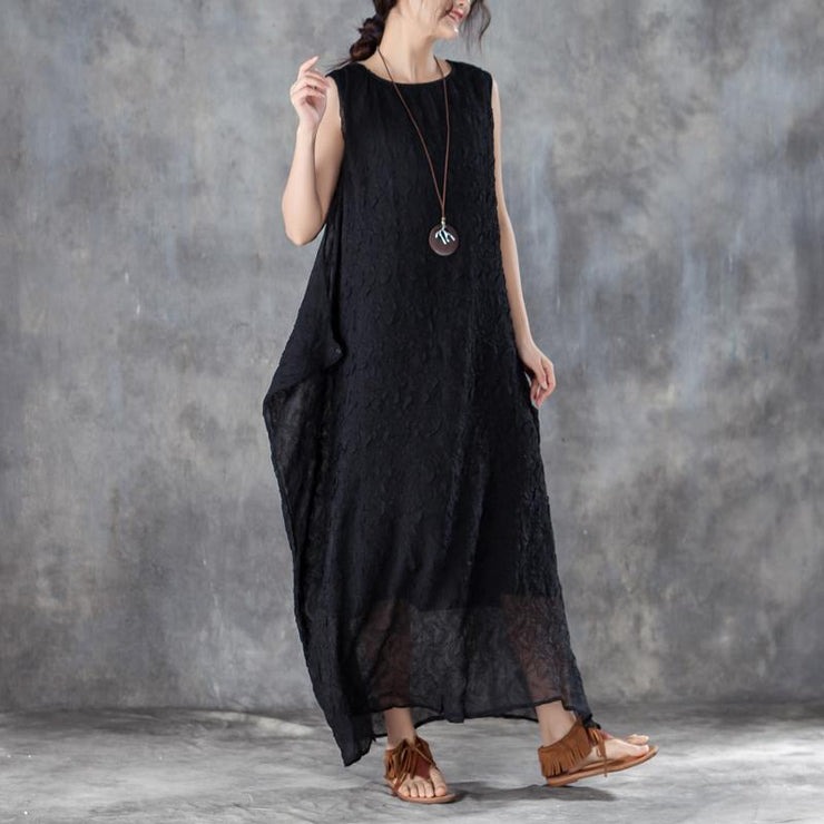 kurze lange Baumwollkleider übergroßes ärmelloses schwarzes langes Sommerkleid mit Rundhalsausschnitt