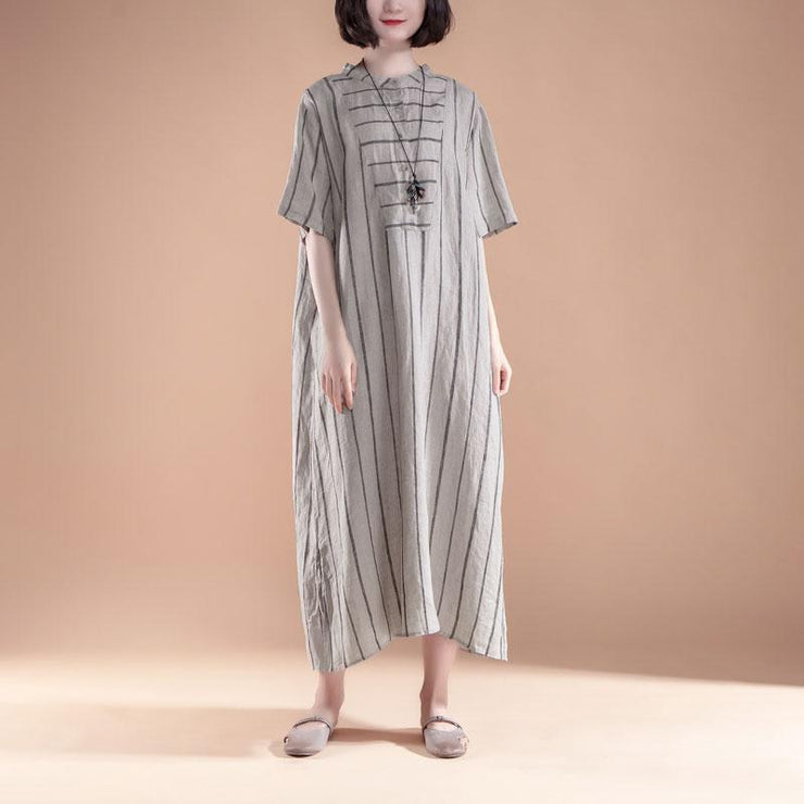 brief long linen dresses oversized Short Sleeve Slit Summer Round Neck Stripe Dress