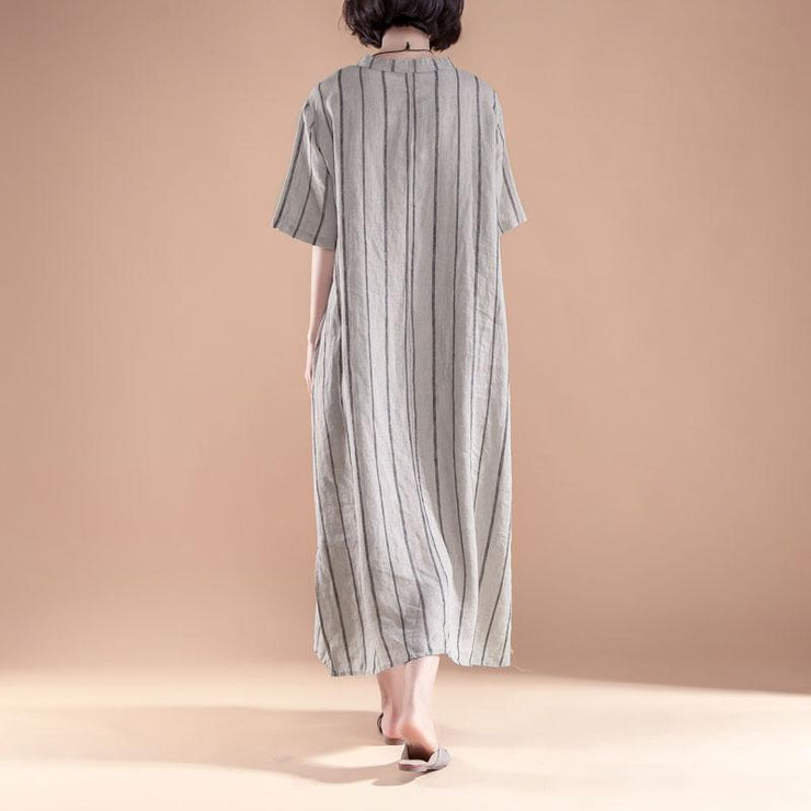 brief long linen dresses oversized Short Sleeve Slit Summer Round Neck Stripe Dress