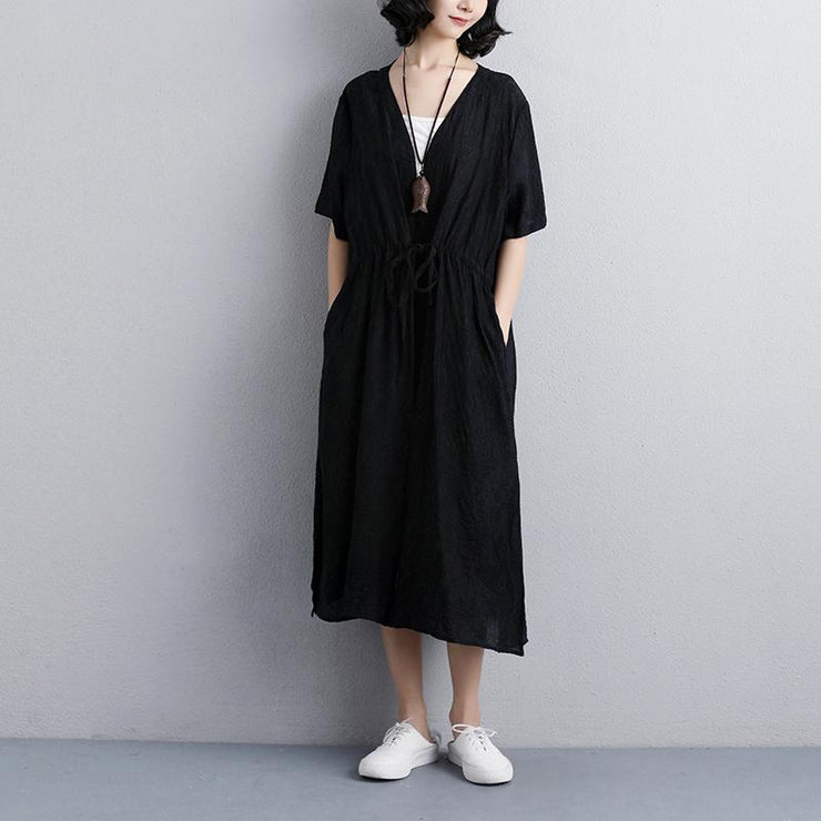 brief summer dress Loose fitting Loose Casual Short Sleeve Side Slit Black Lacing Dress