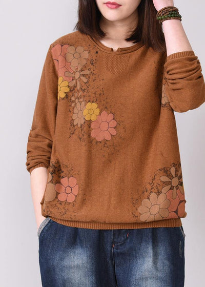 brown prints knit jacket oversized autumn knitwear o neck - bagstylebliss