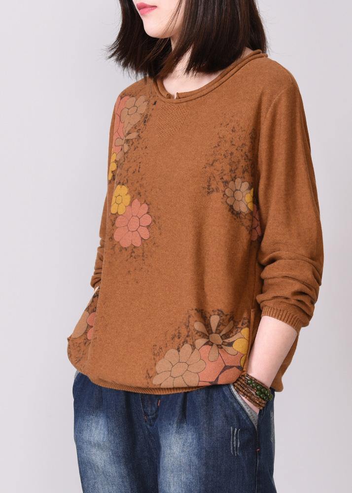 brown prints knit jacket oversized autumn knitwear o neck - bagstylebliss