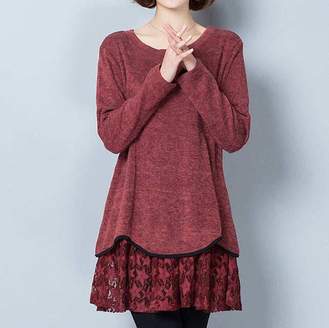 burgundy false two pieces knit pullover dresses plus size o neck mid dress