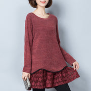 burgundy false two pieces knit pullover dresses plus size o neck mid dress