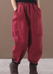 burgundy women elastic waist cotton trousers plus size false pockets harem pants - bagstylebliss