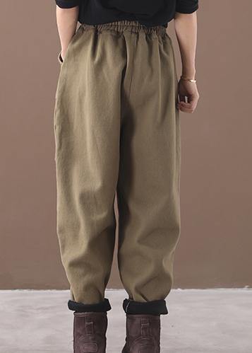 burgundy women elastic waist cotton trousers plus size false pockets harem pants - bagstylebliss