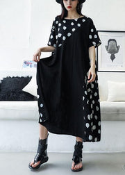 casual black dotted o neck patchwork chiffon long summer dress - bagstylebliss
